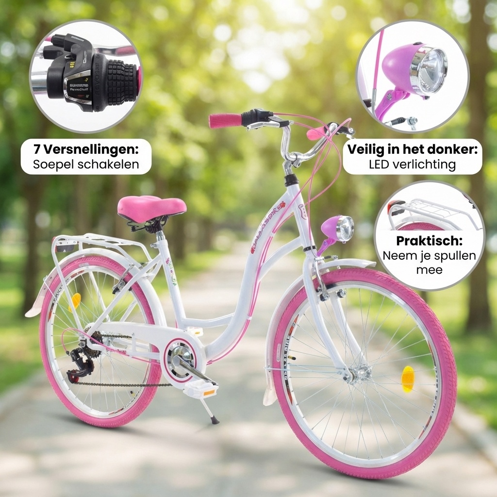 Meisjesfiets 26 inch - stadsfiets 7 versnellingen - wit roze