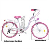 Meisjesfiets 26 inch - stadsfiets 7 versnellingen - wit roze