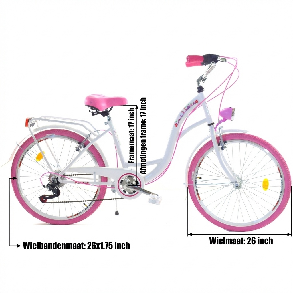 Meisjesfiets 26 inch - stadsfiets 7 versnellingen - wit roze
