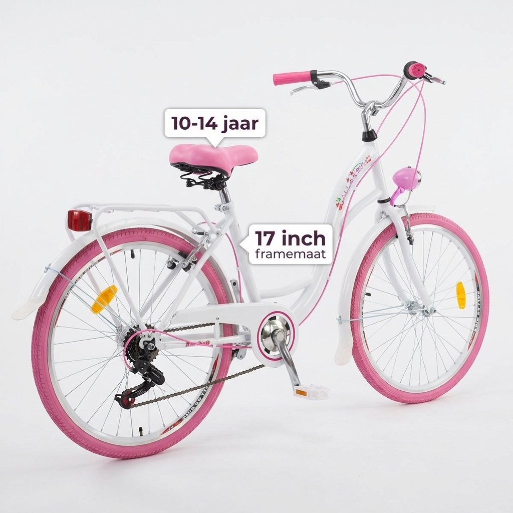 Meisjesfiets 26 inch - stadsfiets 7 versnellingen - wit roze