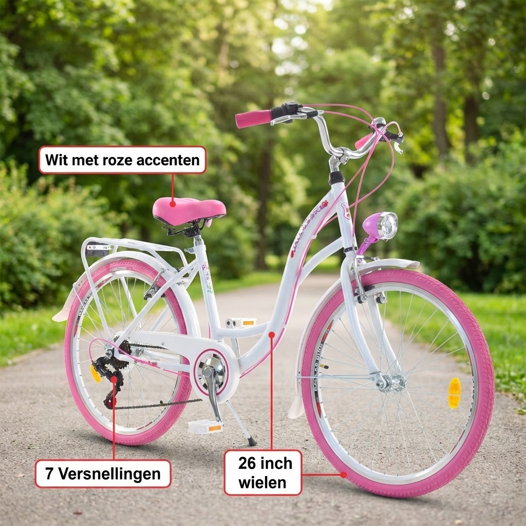 Meisjesfiets 26 inch - stadsfiets 7 versnellingen - wit roze