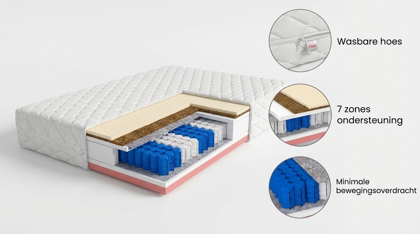 Matras 140x200 pocketvering – 7 zones, H3/H4, Wit, Latex/Kokos