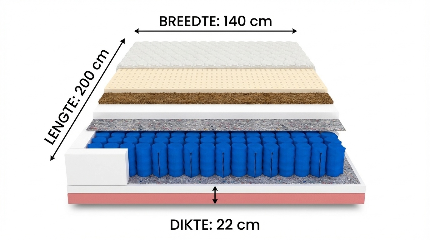 Matras 140x200 pocketvering – 7 zones, H3/H4, Wit, Latex/Kokos