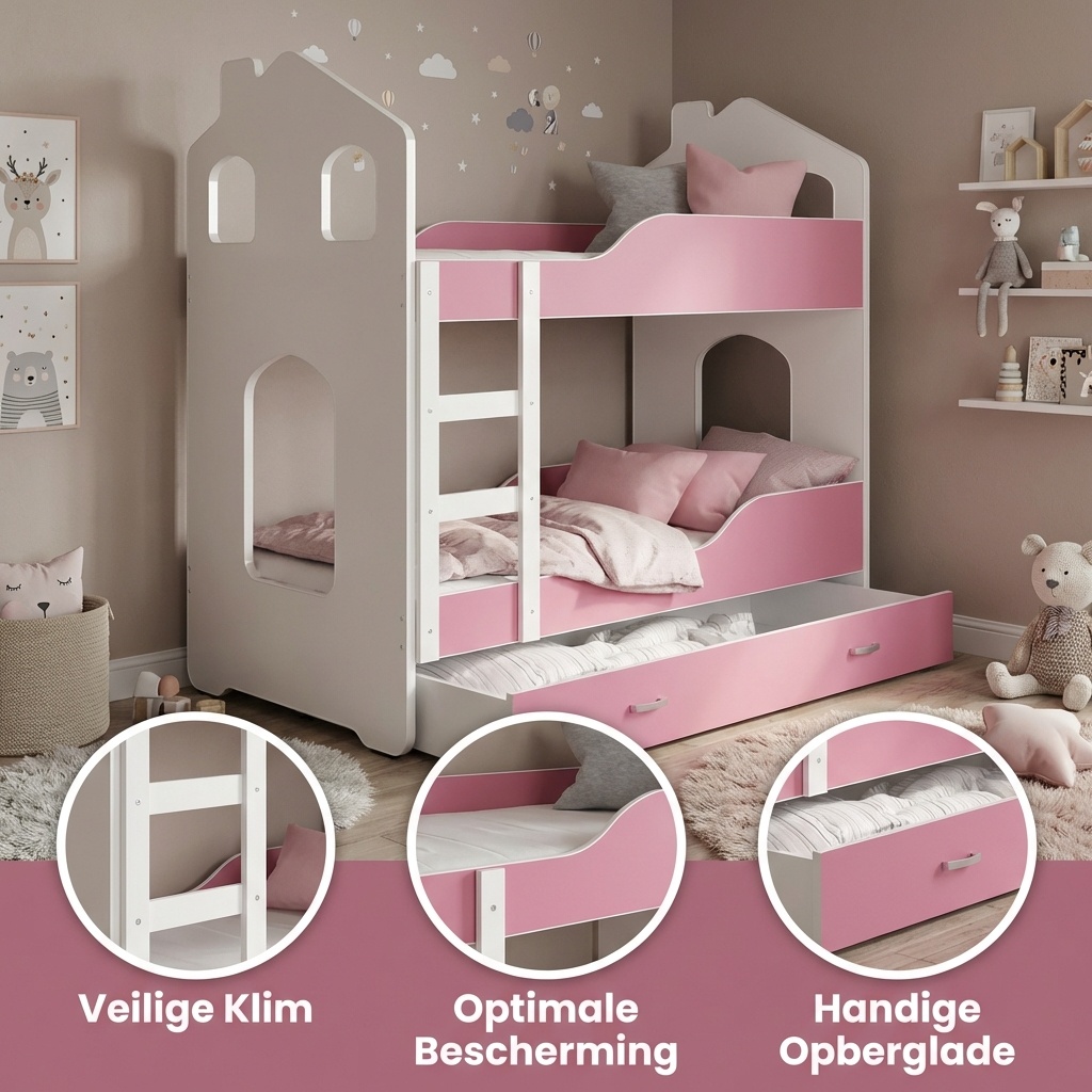 Kinder stapelbed roze - 160 x 80 cm - huisbed inclusief matras