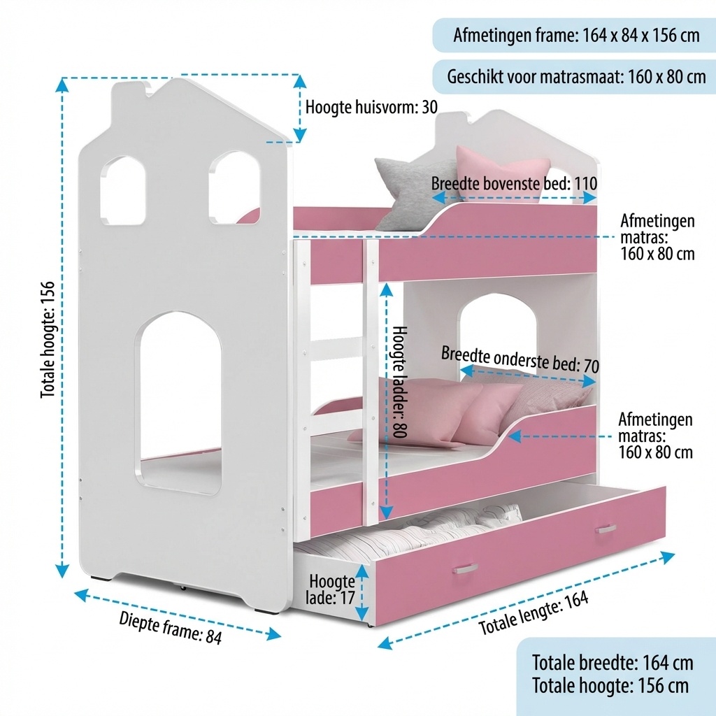 Kinder stapelbed roze - 160 x 80 cm - huisbed inclusief matras