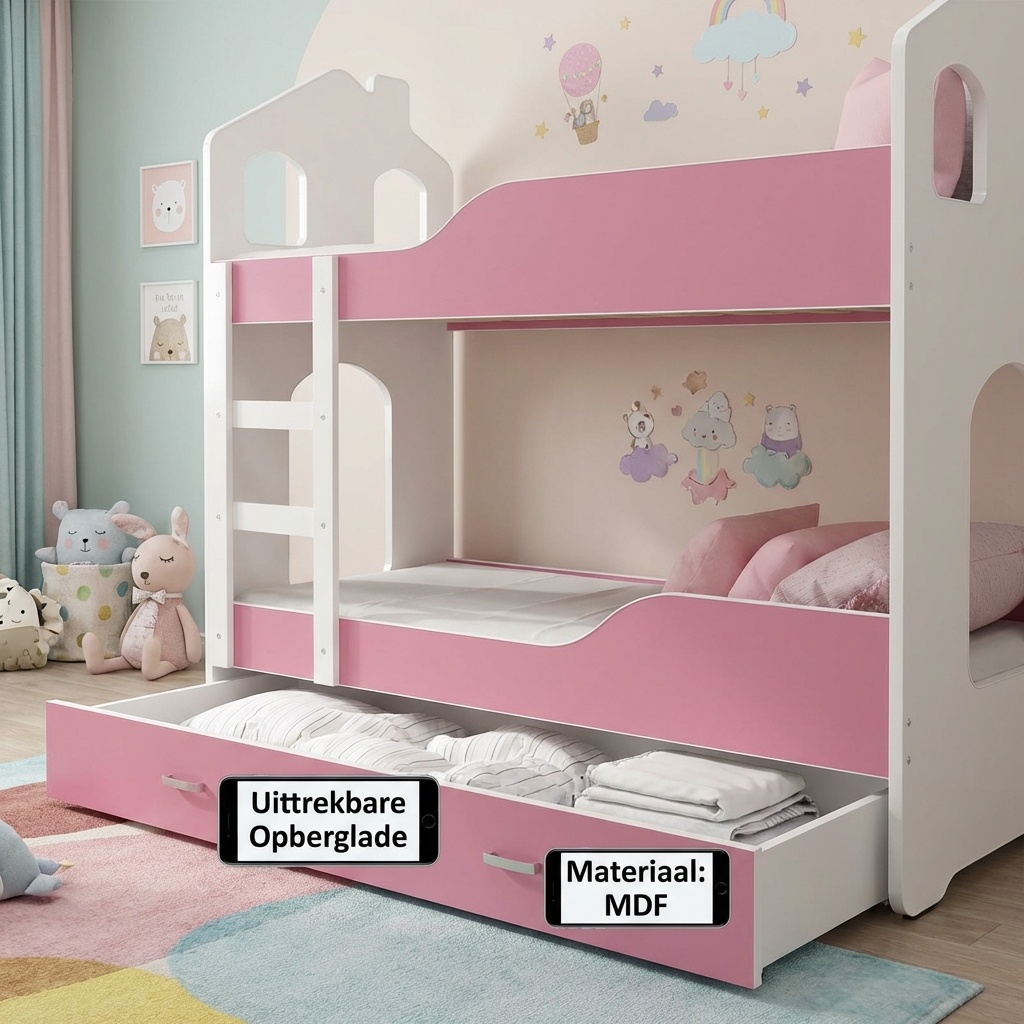 Kinder stapelbed roze - 160 x 80 cm - huisbed inclusief matras