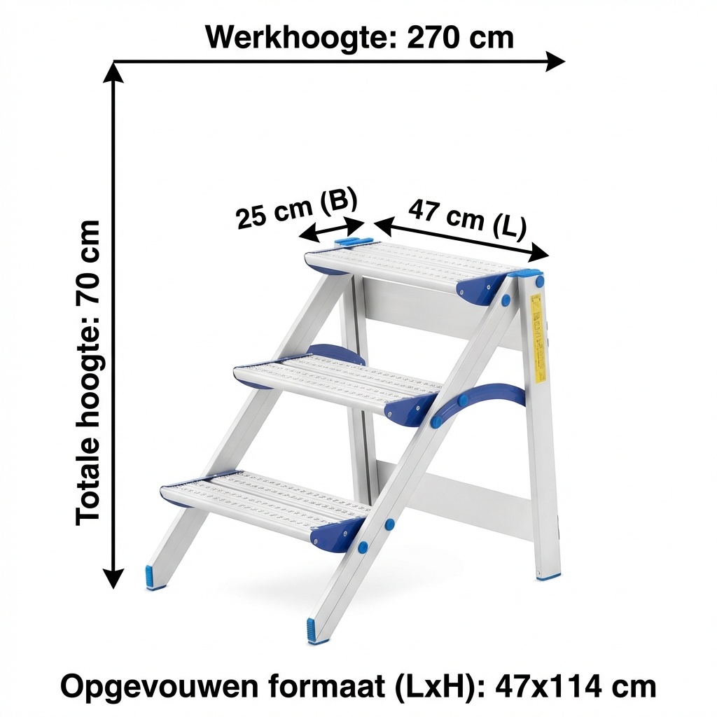 Huishoudtrap - 3 treden - aluminium - werkhoogte 270 cm