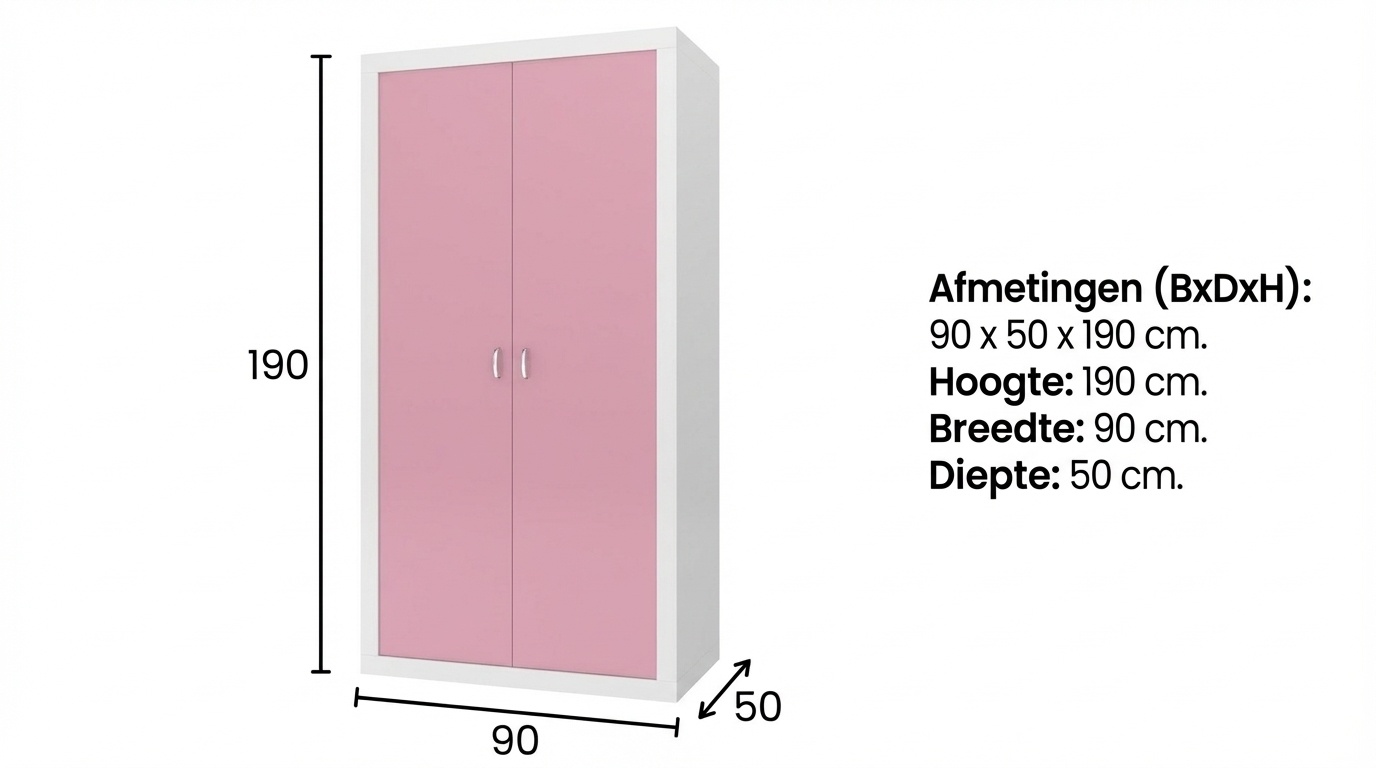 Kledingkast met 2 deuren - 90x50x190 cm, wit/roze MDF/grenenhout