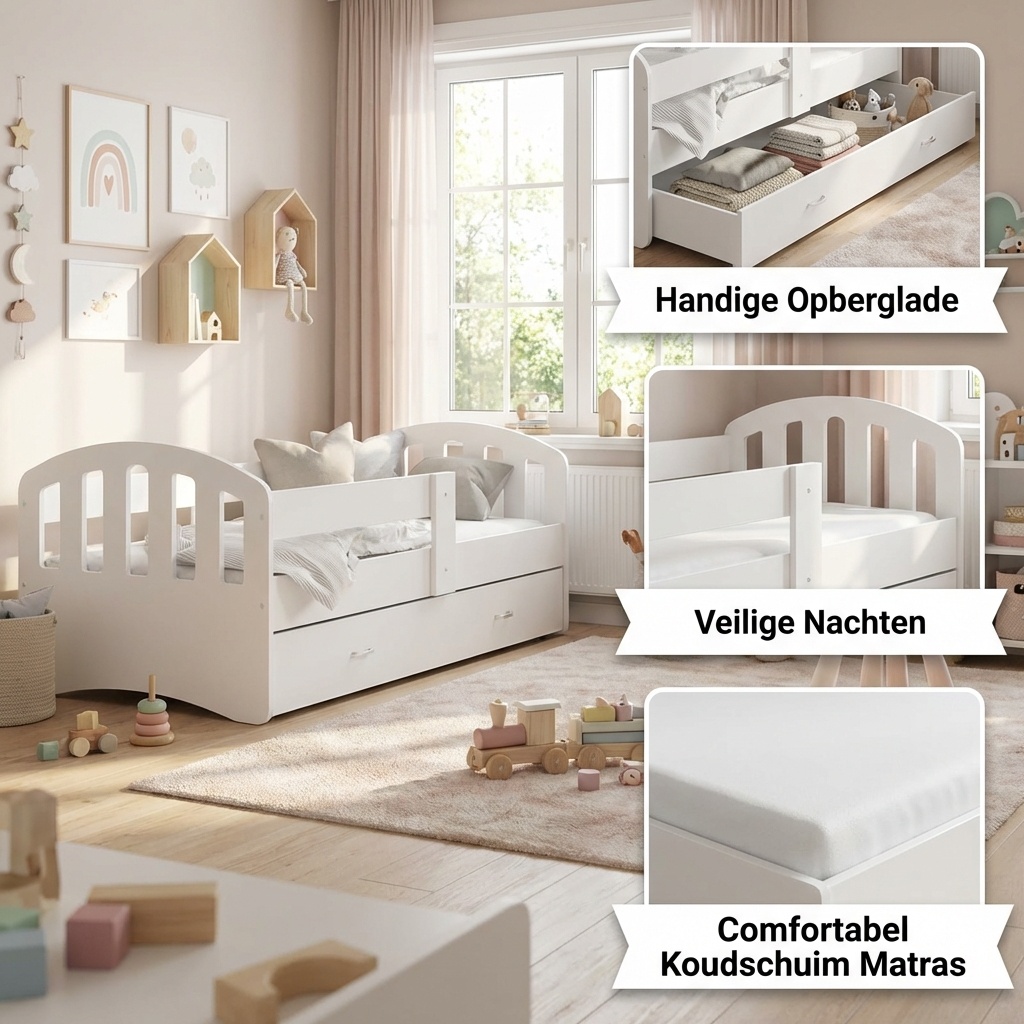 Kinderbed met lade wit 200x90cm MDF & grenen, inclusief matras