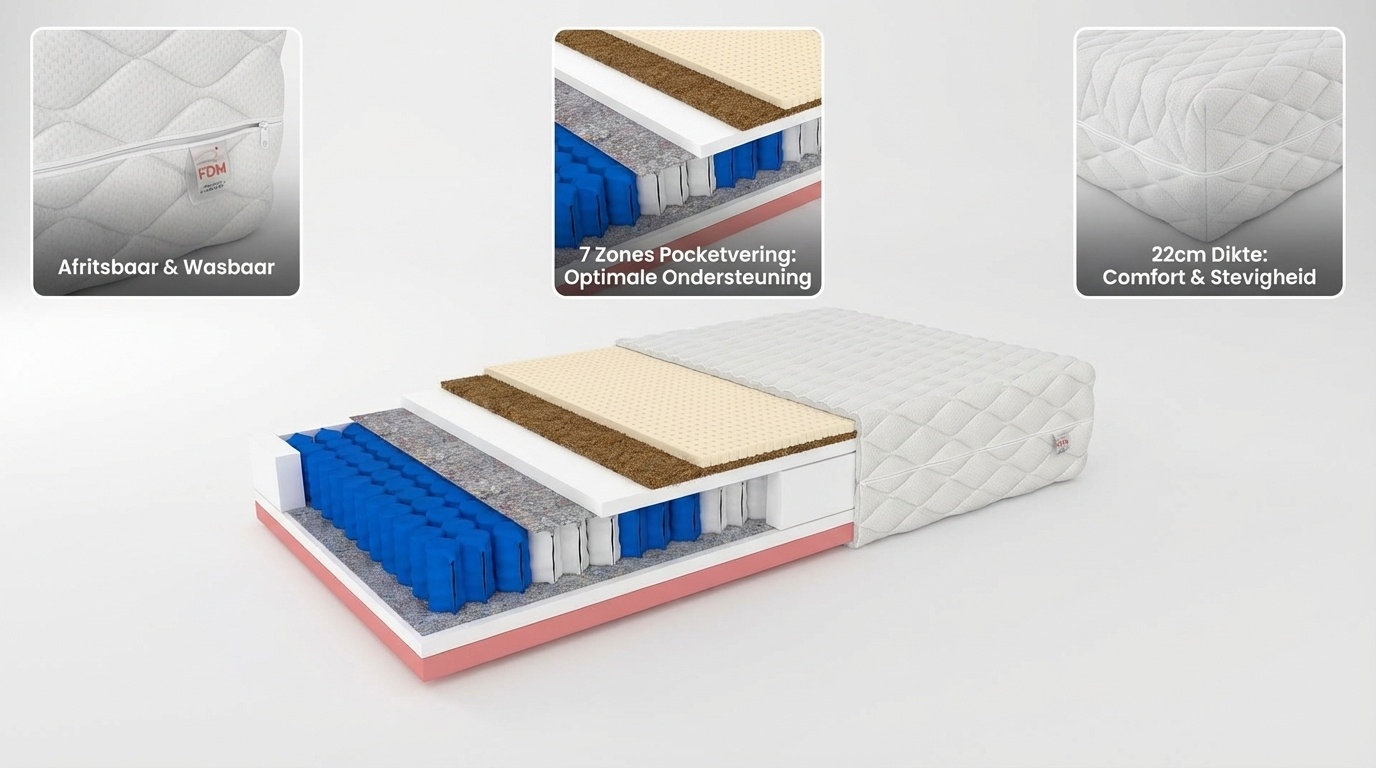 Matras 140x200 - pocketvering- 22cm - H4+H3 - 7 zones