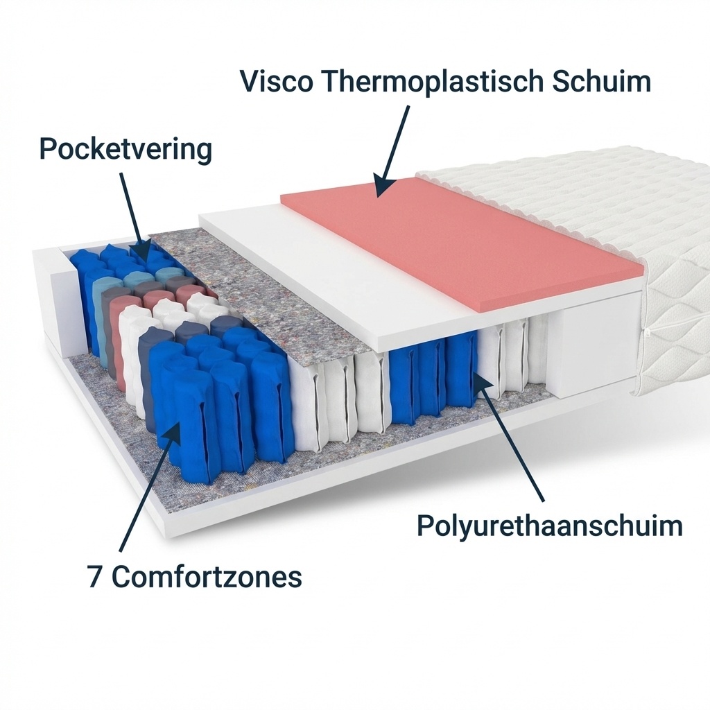 7 Zone Pocketvering Matras 200x200 x 19 cm thermoplastisch