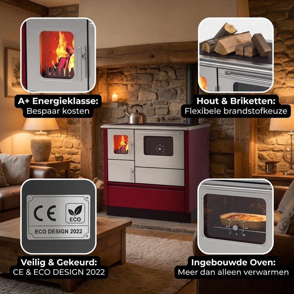 Houtfornuis - 75x60x85cm - 8kW - rood grijs - A+