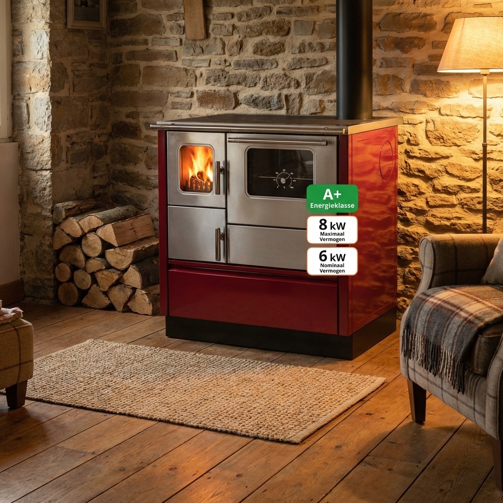 Houtfornuis - 75x60x85cm - 8kW - rood grijs - A+