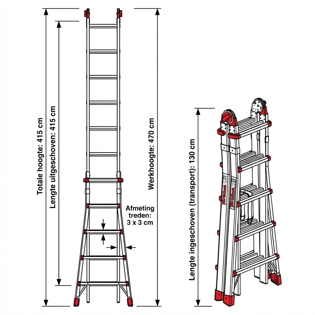 Vouwladder - uitschuifbaar - werkhoogte 4,70 m - aluminium