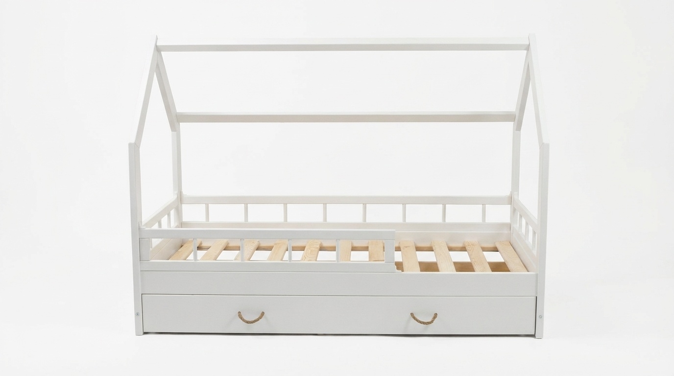 Massief houten kinderbed - Scandinavische stijl - huisbed - 160x80cm - met barrierres - wit