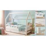 Massief houten kinderbed - Scandinavische stijl - huisbed - 160x80cm - met barrierres - wit