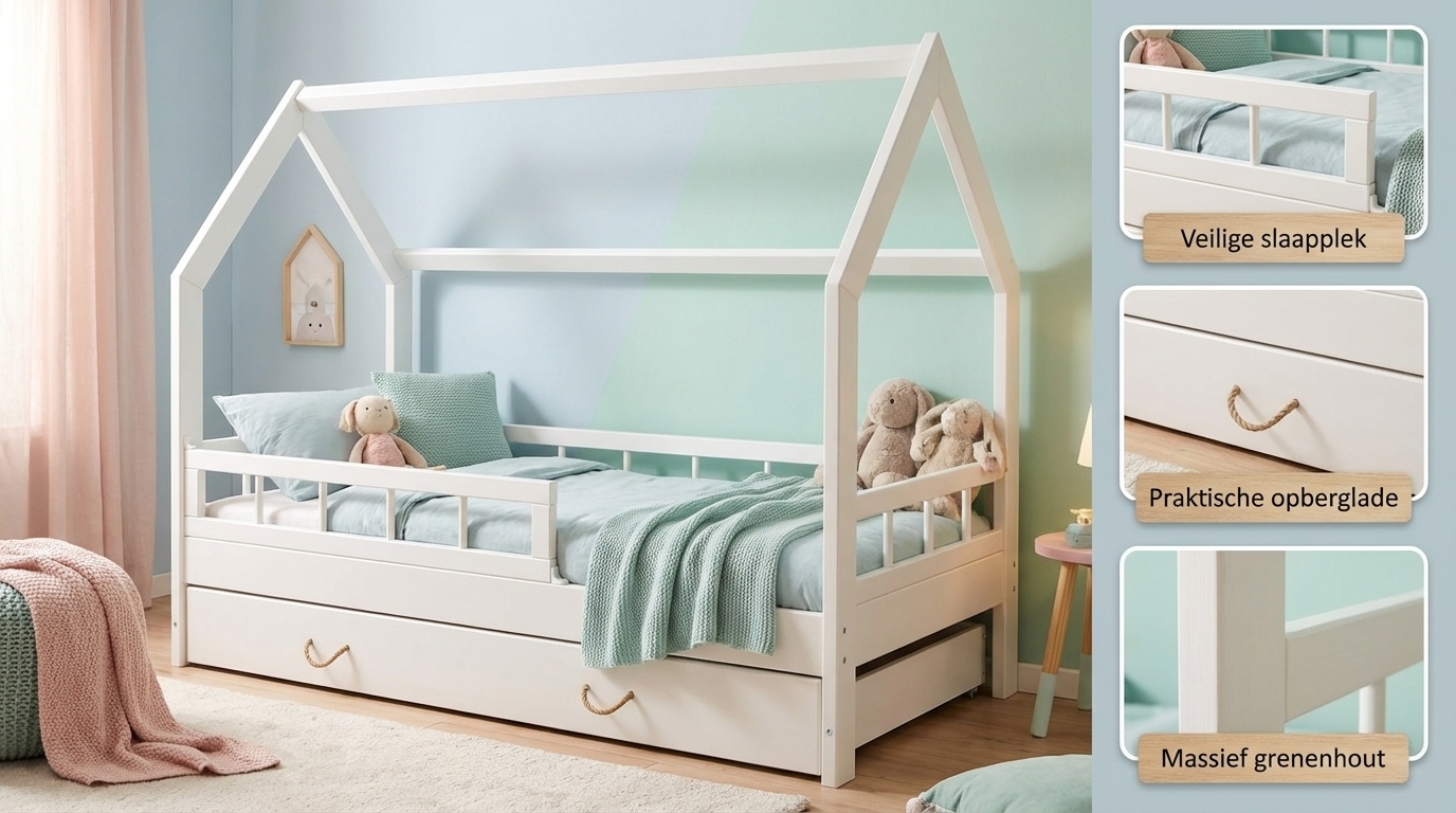 Massief houten kinderbed - Scandinavische stijl - huisbed - 160x80cm - met barrierres - wit