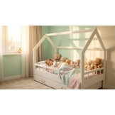 Massief houten kinderbed - Scandinavische stijl - huisbed - 160x80cm - met barrierres - wit