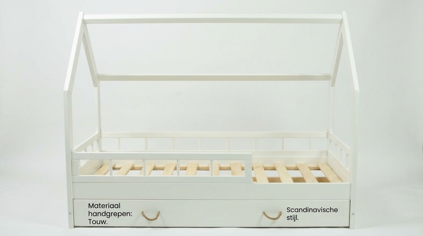 Massief houten kinderbed - Scandinavische stijl - huisbed - 160x80cm - met barrierres - wit