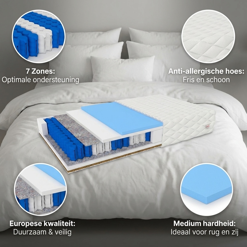 Matras 140x200 pocketvering: 7 zones, 20cm dik, medium