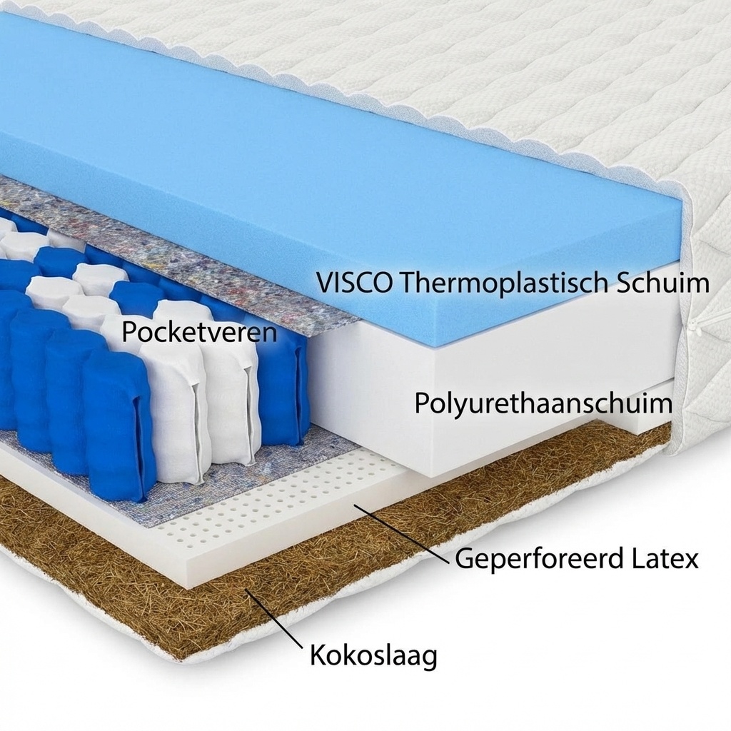 Matras 140x200 pocketvering: 7 zones, 20cm dik, medium