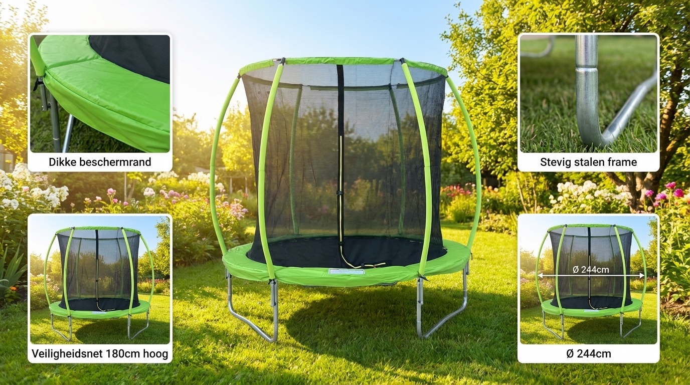 Trampoline 244 cm rond - met veiligheidsnet – groen/zwart