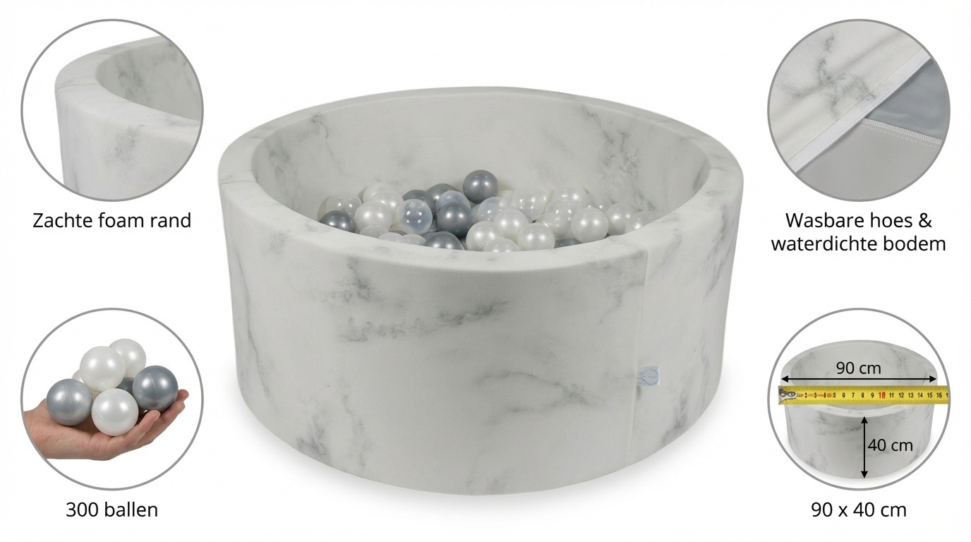Ballenbak marmer met 300 parelmoer transparant en zilveren ballen - 90 x 40 cm - rond