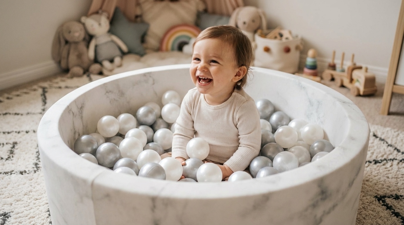 Ballenbak marmer met 300 parelmoer transparant en zilveren ballen - 90 x 40 cm - rond