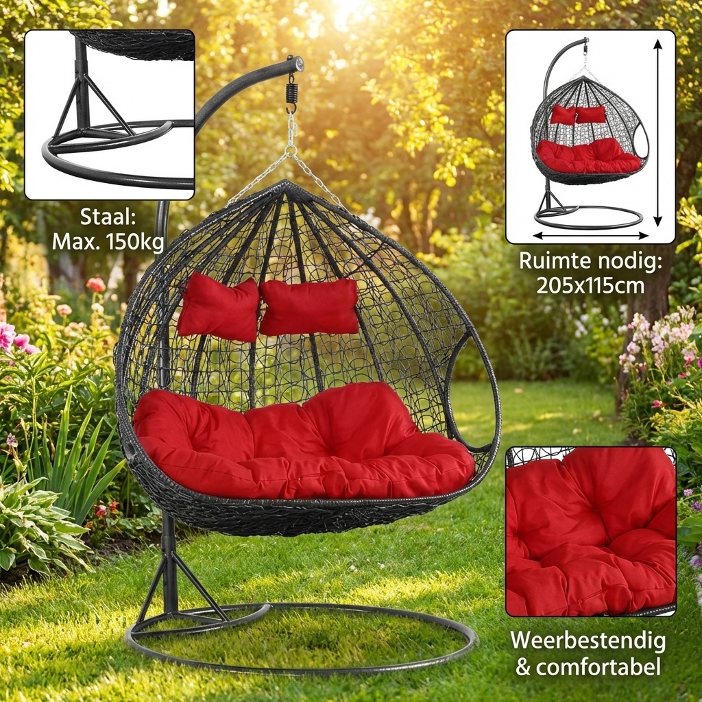 Hangstoel - ei stoel - 2 personen - met frame - zwart-rood