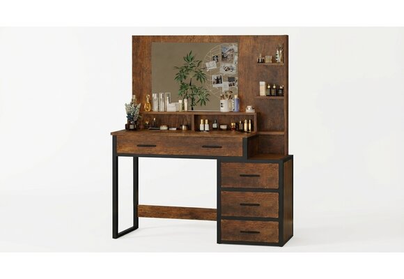 Industriële kaptafel met spiegel | 92x40x143,5cm | Bruin/Zwart