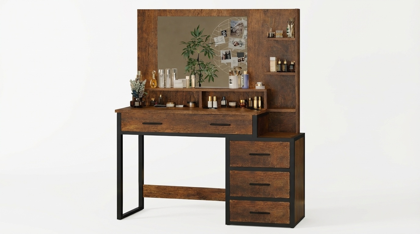 Industriële kaptafel met spiegel | 92x40x143,5cm | Bruin/Zwart