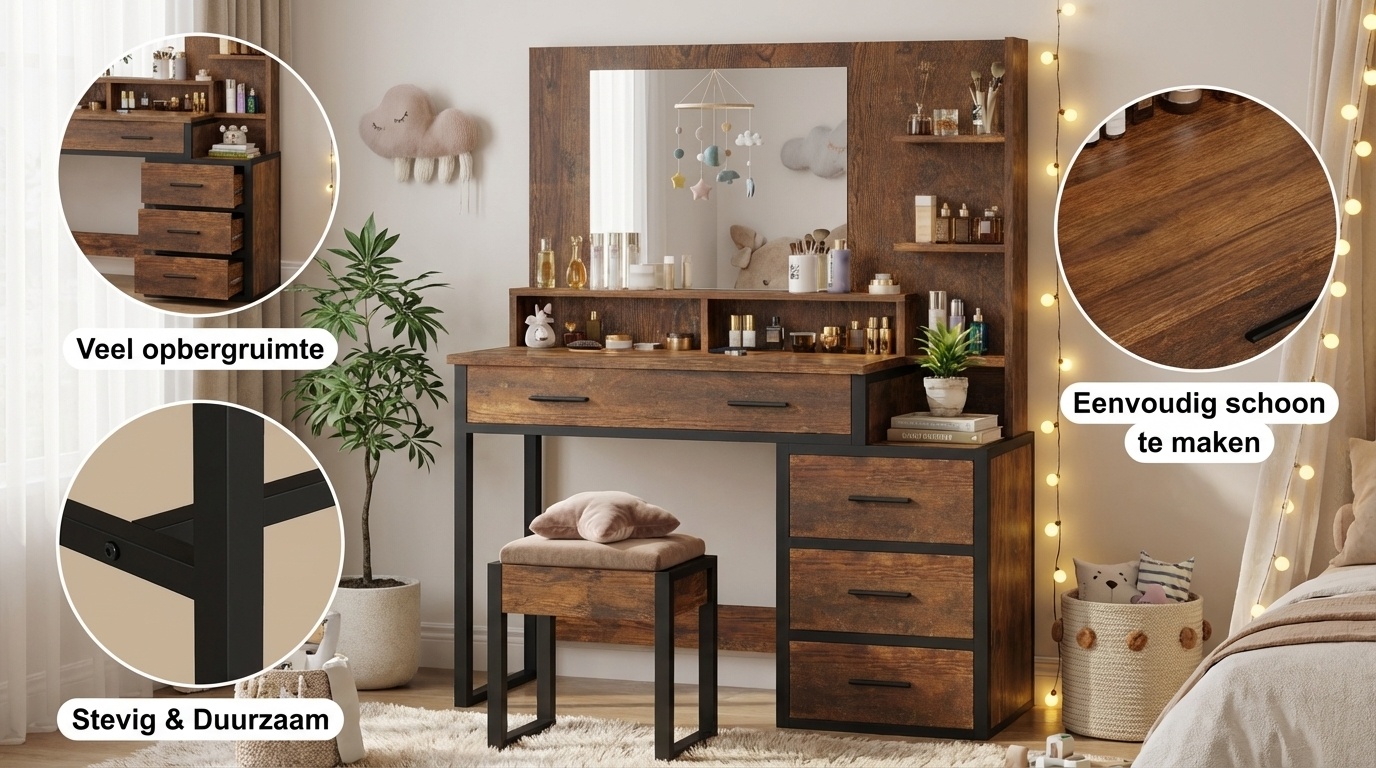 Industriële kaptafel met spiegel | 92x40x143,5cm | Bruin/Zwart