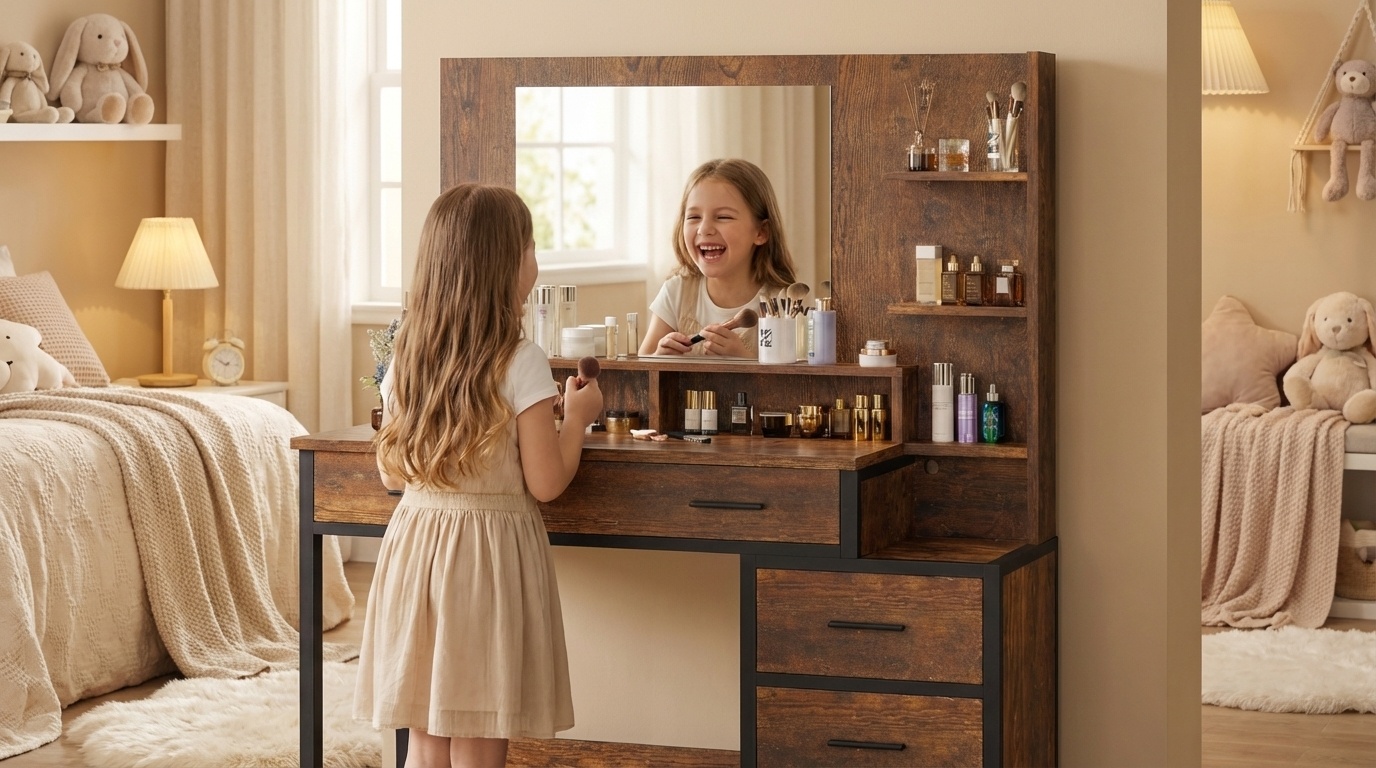 Industriële kaptafel met spiegel | 92x40x143,5cm | Bruin/Zwart