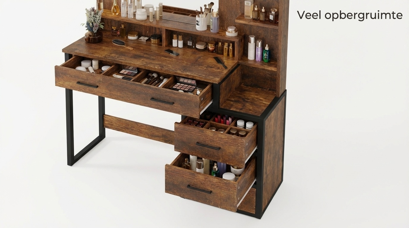 Industriële kaptafel met spiegel | 92x40x143,5cm | Bruin/Zwart