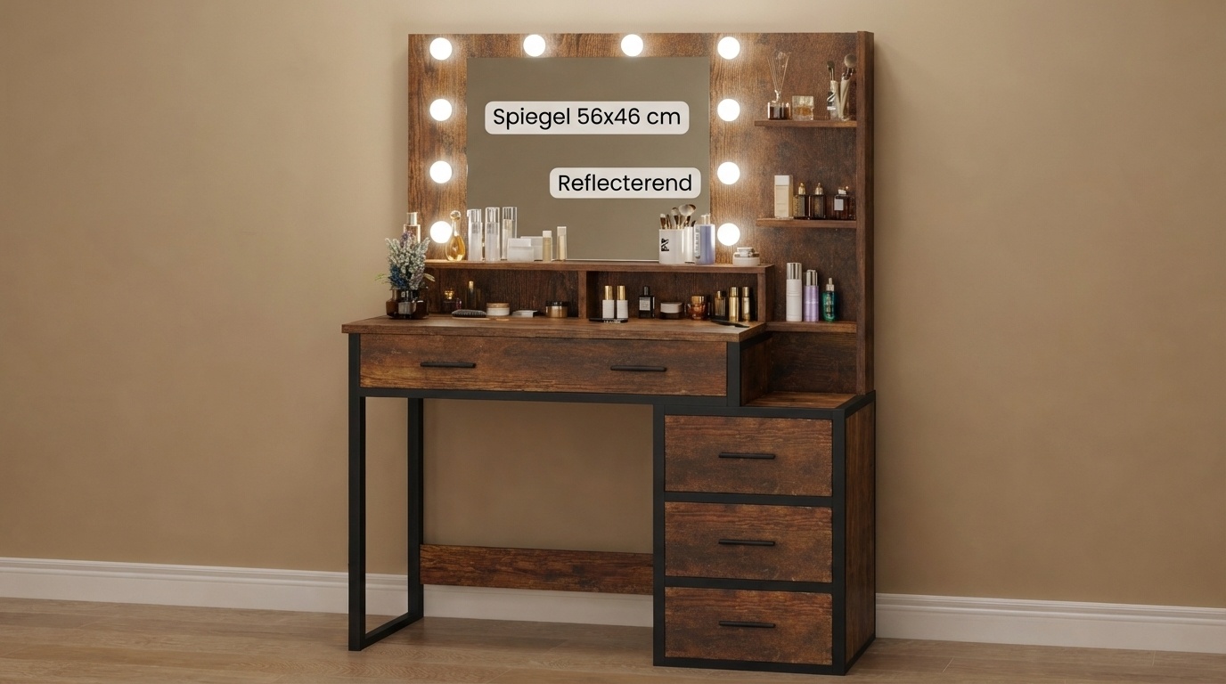 Industriële kaptafel met spiegel | 92x40x143,5cm | Bruin/Zwart