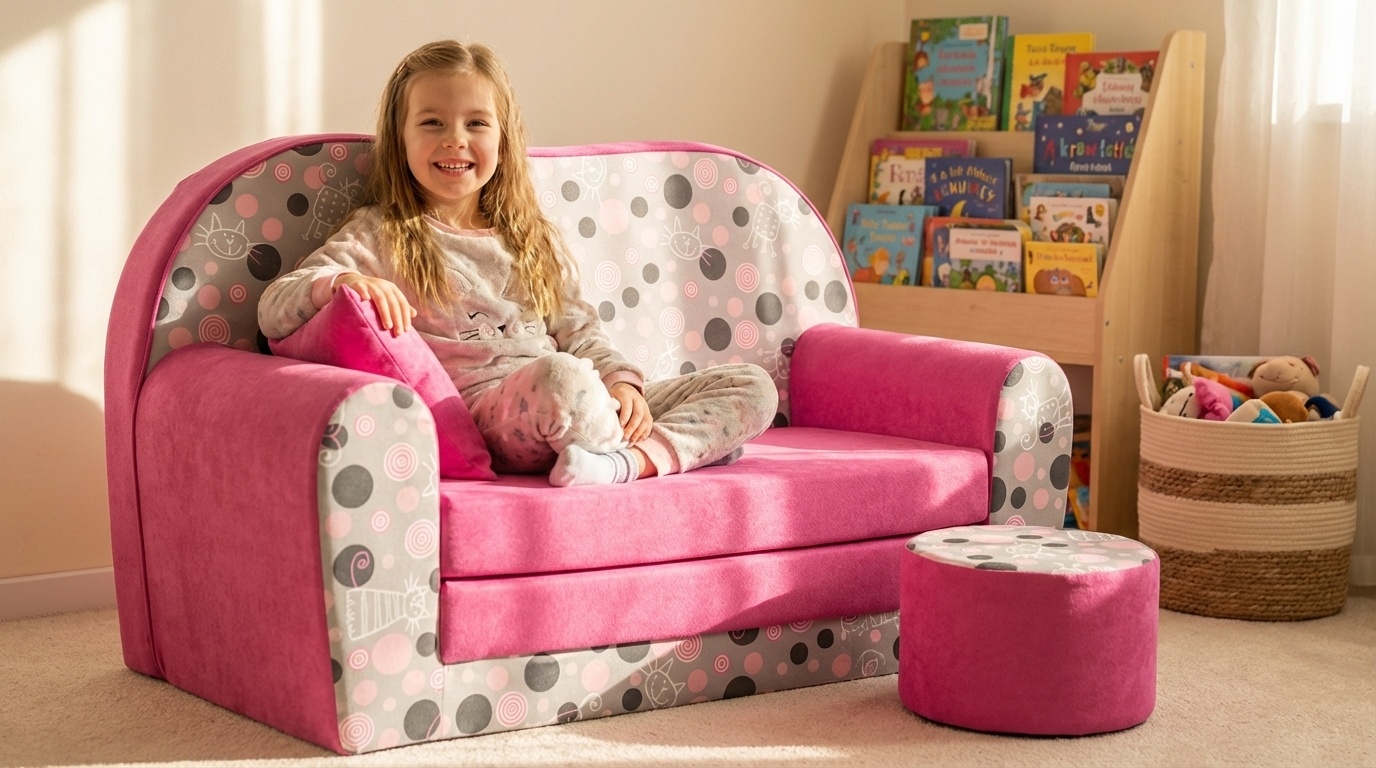 Kinder slaapbank set - logeermatras - sofa - 170 x 100 x 8 - slaapbank - roze - poesjes