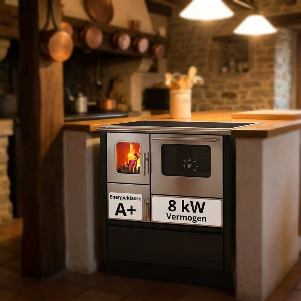 Houtfornuis - 75x60x85cm - 8kW - zwart grijs - A+