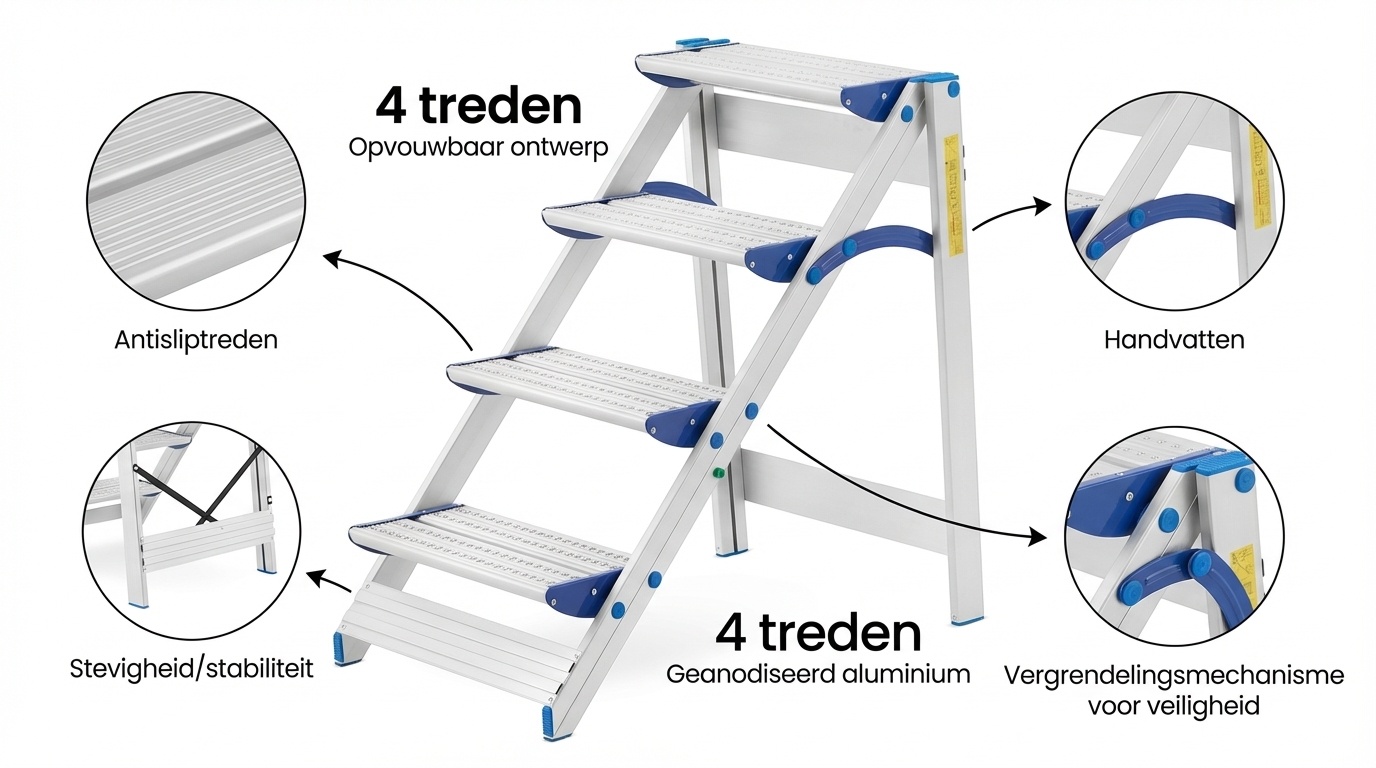 Huishoudtrap - 4 treden - aluminium - werkhoogte 293 cm
