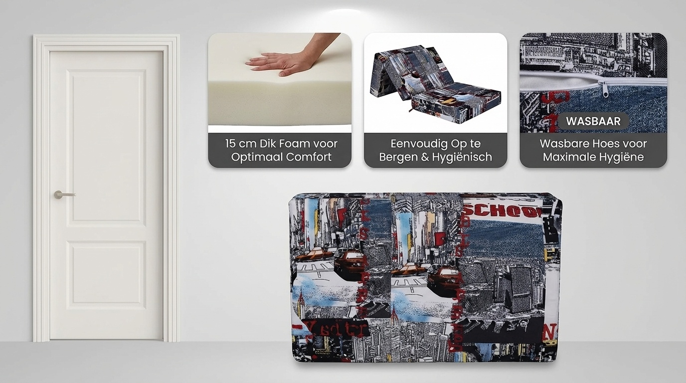 Opklapbed taxi print - 200x70x15 cm - Geel Foam Matras