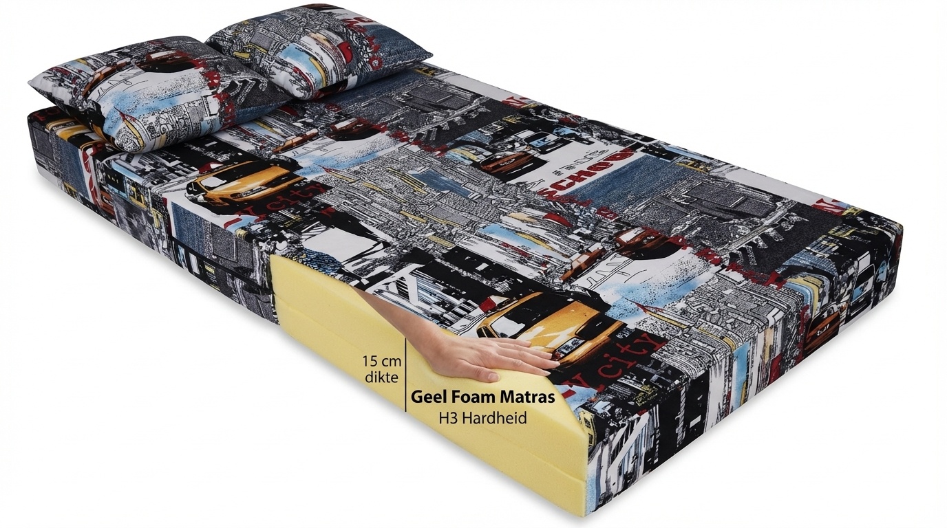 Opklapbed taxi print - 200x70x15 cm - Geel Foam Matras