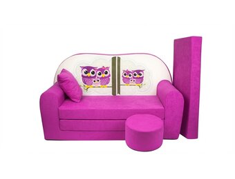 Kinder slaapbank set - logeermatras - sofa - 170 x 100 x 8 - slaapbank - roze - uiltjes