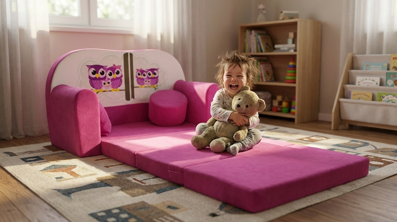 Kinder slaapbank set - logeermatras - sofa - 170 x 100 x 8 - slaapbank - roze - uiltjes