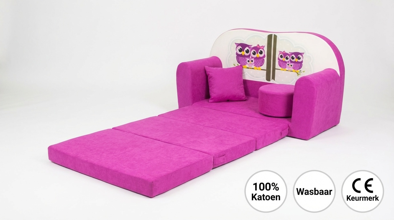 Kinder slaapbank set - logeermatras - sofa - 170 x 100 x 8 - slaapbank - roze - uiltjes