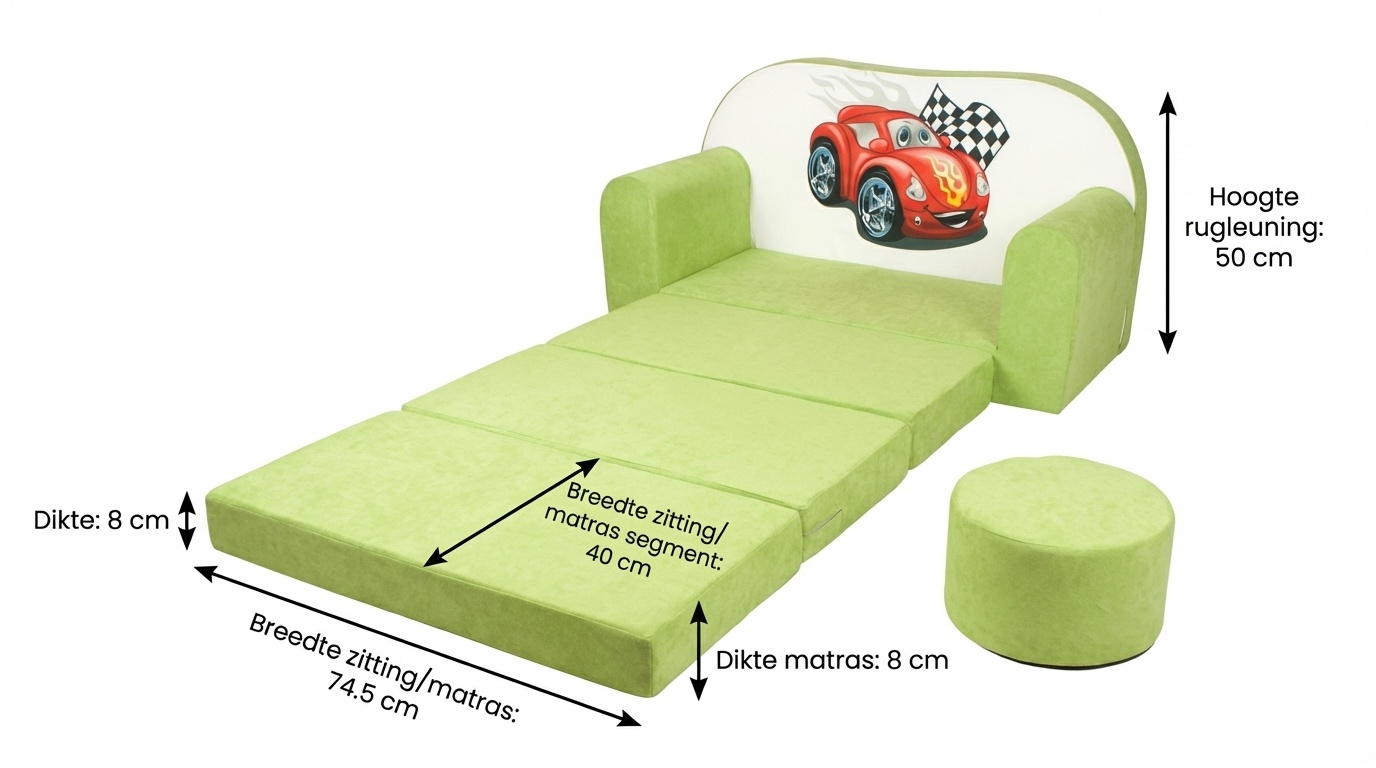 Kinder slaapbank set - logeermatras - sofa - 170 x 100 x 8 - slaapbank - licht groen - cars