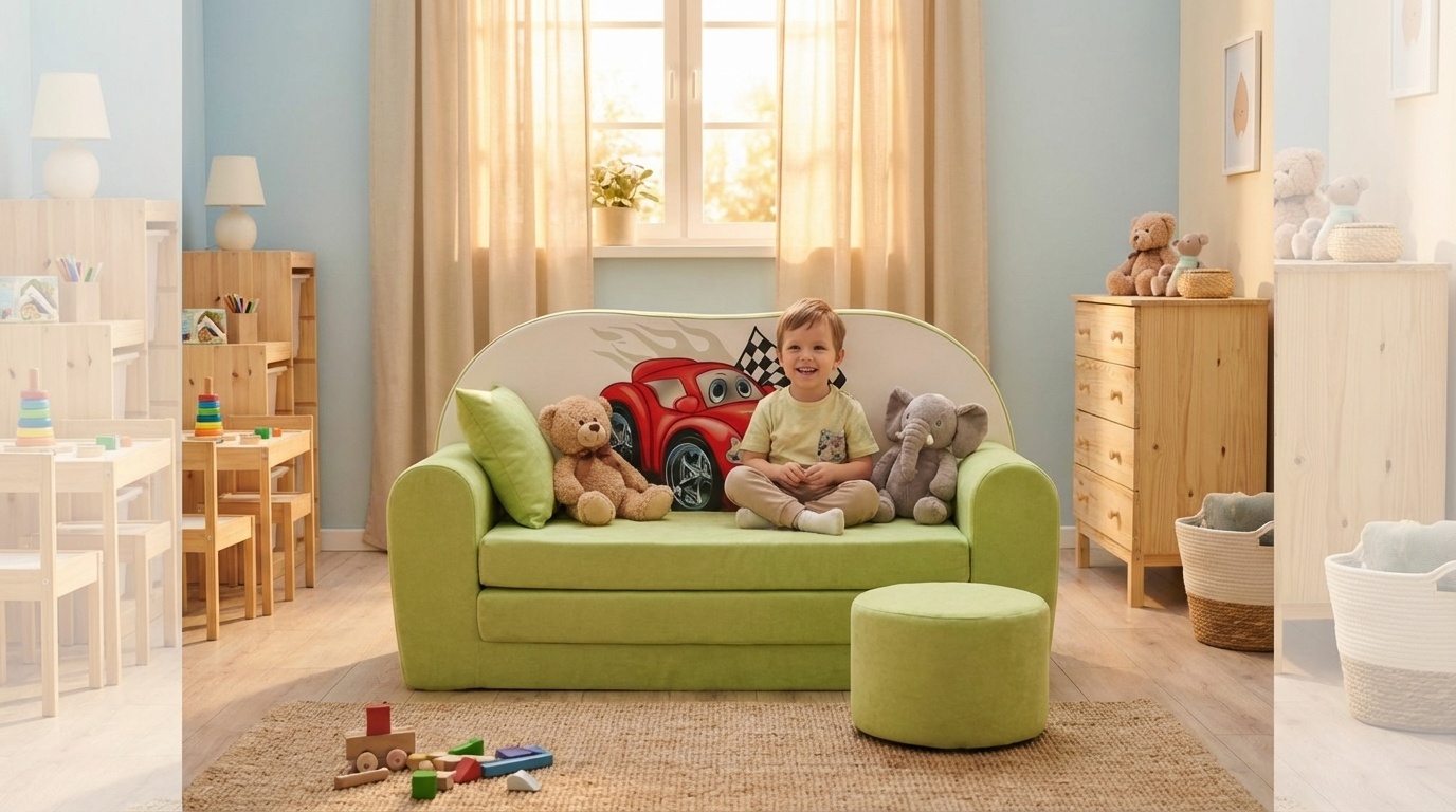 Kinder slaapbank set - logeermatras - sofa - 170 x 100 x 8 - slaapbank - licht groen - cars