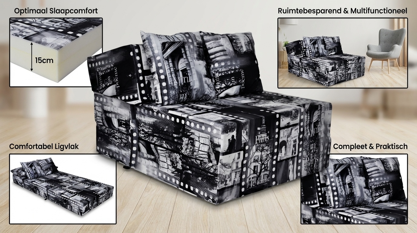 Logematras 200x70 - Opvouwbaar, 15cm dik, Wit/Zwart schuim