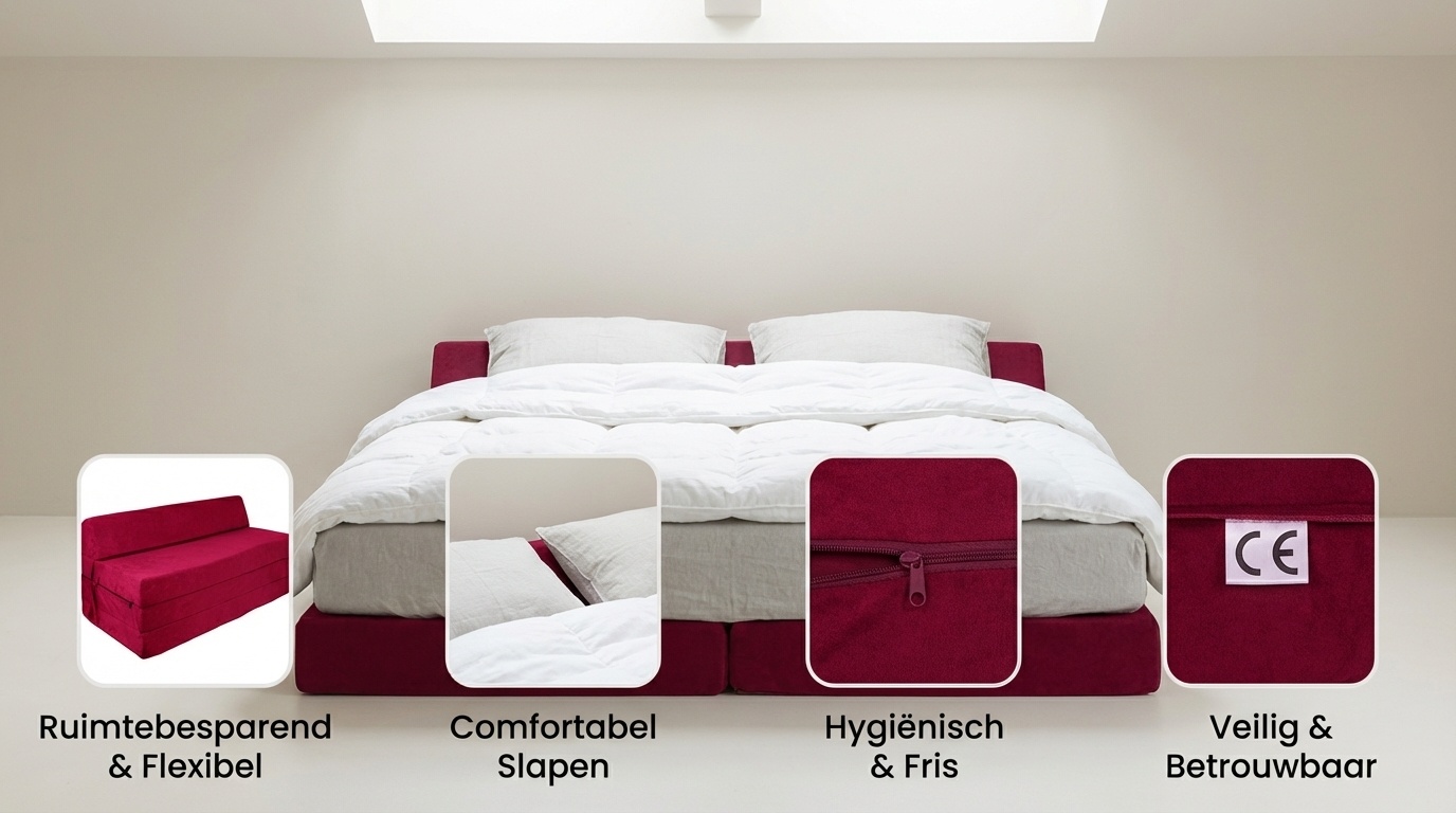 Opvouwbaar matras met hoofdkussen - Wasbare hoes - 200cm x 120cm x 10cm - bordeaux