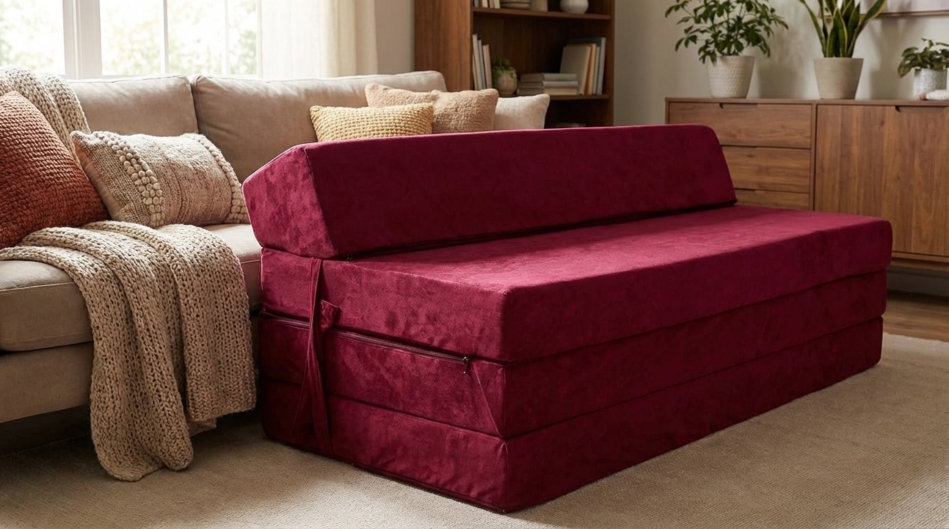 Opvouwbaar matras met hoofdkussen - Wasbare hoes - 200cm x 120cm x 10cm - bordeaux