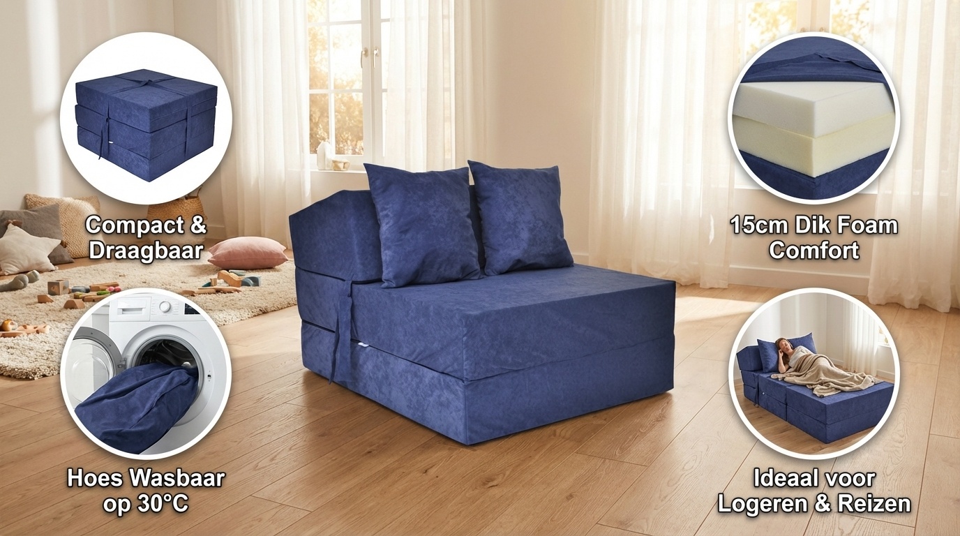 Opklapbed Navy Blue - 200x70x15 cm Foam | Compact Logeermatras