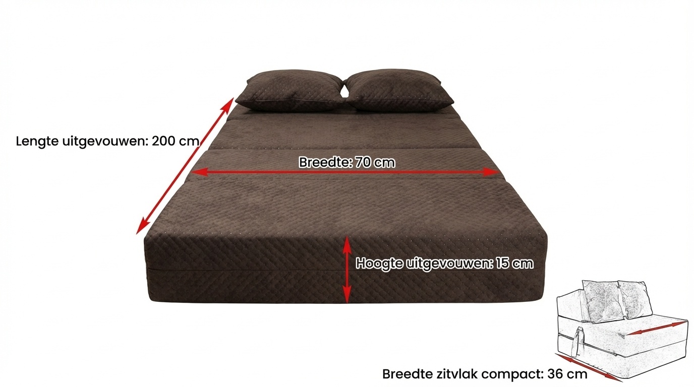 Opvouwbaar logeermatras | 200x70x15cm bruin foam | Luxe & Compact